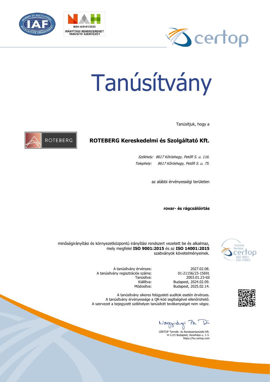 A Roteberg Kft. CERTOP ISO 9001 és ISO 14001 tanúsítványának első oldala